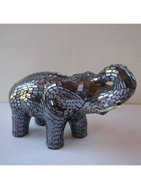 Mosaic Glass Tile Elephant Sculpture Trunk Up 8"